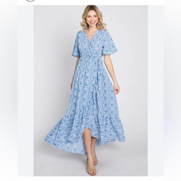 MATERNITY AND POST PARTUM WRAP DRESS BLUE FLORAL PRINT V BACK AND TRUE WRAP - Picture 1 of 15